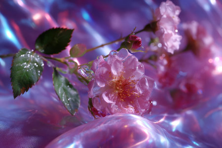 Delicate pink flowers with droplets atop colorful, reflective fabric create a serene and artistic atmosphere.の写真素材