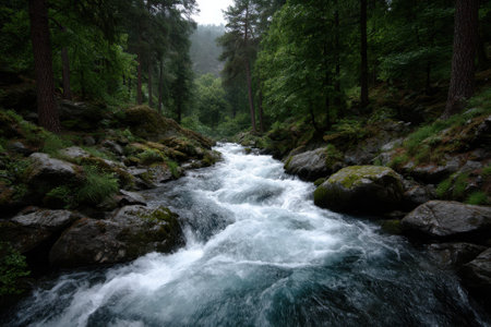 A gentle river winds through a vibrant green forest, surrounded by rocks and trees in early morning light.の写真素材