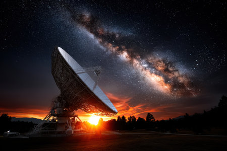 A satellite dish is pointed towards the sky during sunset, revealing a breathtaking view of the Milky Way.の写真素材