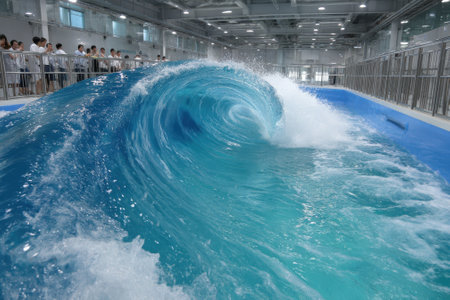 Surfers enjoy riding a massive artificial wave in an indoor wave pool while spectators observe nearby.の写真素材