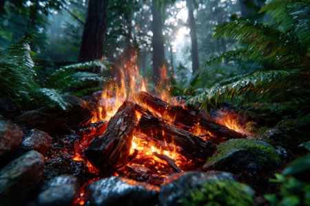 A bright campfire crackles in the center of a forest, surrounded by tall trees and ferns, as morning mist rises.の写真素材
