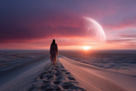 A lone figure walks across sand dunes during twilight, with a large moon illuminating the horizon.の写真素材