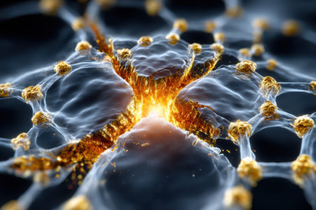 Glowing molecular structures demonstrate energy release, showcasing interaction and transformation vividly.の写真素材