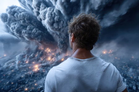 A person stands quietly as dark smoke billows and flames erupt from buildings in a devastated cityscape.の写真素材