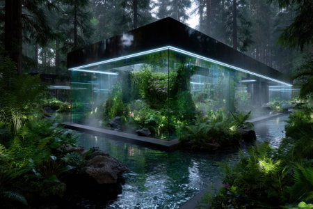 A stunning glass building stands in a misty forest, showcasing vibrant plants and reflecting a peaceful atmosphere.の写真素材