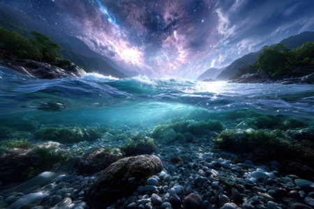 Gentle waves lap at the rocky shore under a breathtaking sky filled with stars and colors at dusk.の素材