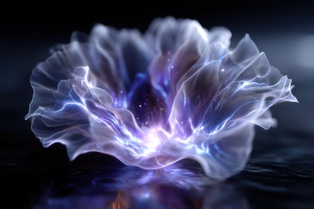 A vibrant flower-like shape glows with electric colors, creating a dynamic atmosphere in low light.の写真素材