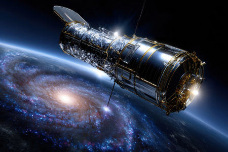 Hubble Space Telescope orbits Earth, capturing stunning views of a distant spiral galaxy and its surroundings.の写真素材