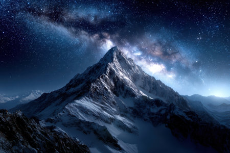 A breathtaking sight of a towering snow-covered mountain illuminated by a brilliant starry sky at night.の写真素材