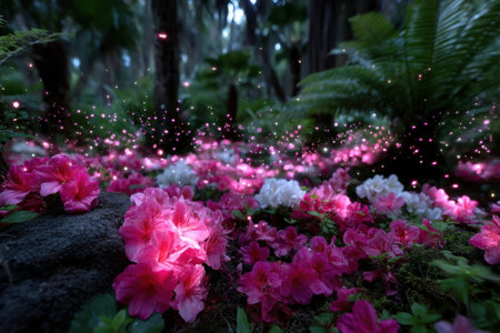 A colorful meadow is filled with blooming flowers as enchanting sparkles dance in the sunlight.の写真素材