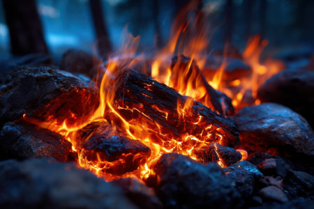 Bright flames dance among rocks at a tranquil campsite, offering warmth and light during a cool night.の写真素材