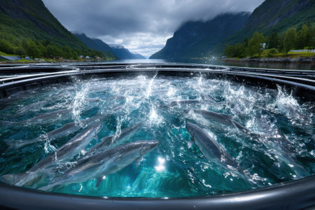 Schools of fish jump and splash in large nets surrounded by stunning mountains and a tranquil fjord.の写真素材