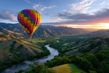 A vibrant hot air balloon floats gracefully above green hills and a winding river at sunset.の写真素材