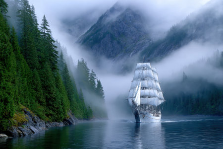 A tall ship glides through calm waters of a fjord, shrouded in mist, with towering mountains in the background.の写真素材