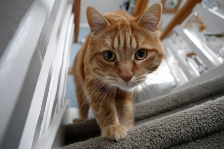 An orange tabby cat climbs the stairs, exhibiting curiosity in a cozy home setting.の写真素材