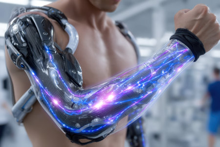 A person showcases a high-tech robotic arm with colorful circuits in a modern technology lab.の写真素材