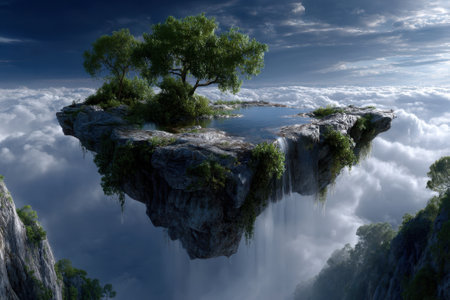 Majestic floating island features lush trees and a serene pool, surrounded by cascading waterfalls and clouds.の写真素材