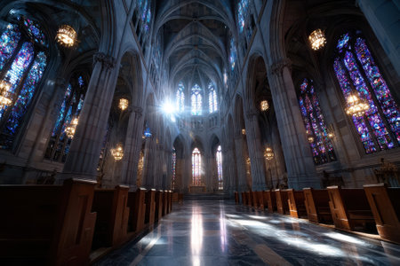 Sunlight filters through colorful stained glass, illuminating the interior of a spacious cathedral.の写真素材