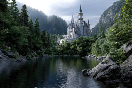 A stunning castle sits amidst towering mountains and dense trees, reflecting beautifully in the calm lake at dusk.の写真素材