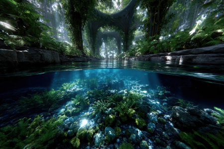 In a serene water setting, sunlight filters through trees above, revealing colorful corals and aquatic plants below.の写真素材