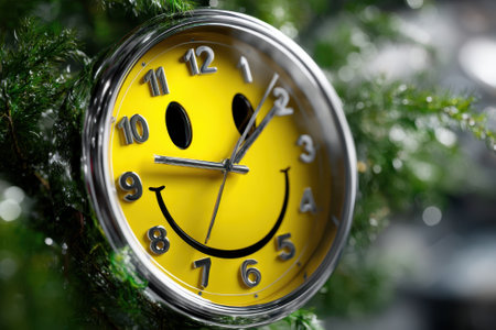 A colorful clock with a smiley face design is displayed among lush greenery, evoking joy and positivity.の写真素材