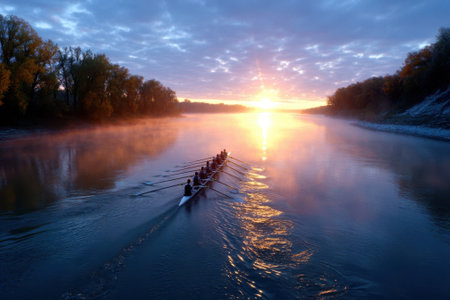 Early morning rowers navigate a serene river as the sun rises, casting golden light on the misty water.の写真素材