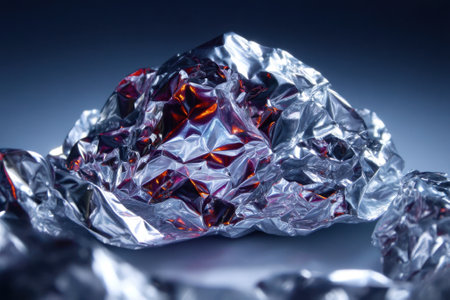 Crumpled aluminum foil reflects red light, showcasing textures and shine in an artistic display.の写真素材