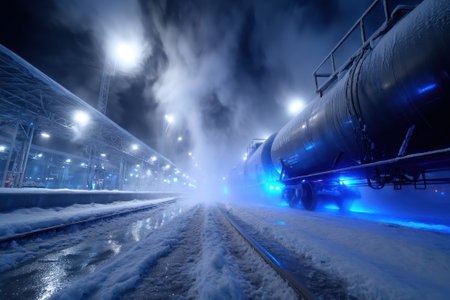 Heavy tankers release steam in a frosty railway yard illuminated by bright lights at night.の写真素材