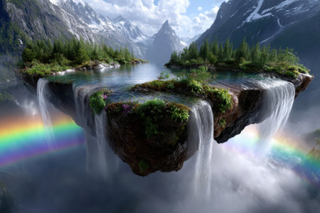 A breathtaking floating island features cascading waterfalls and vibrant greenery, set against towering mountains.の写真素材