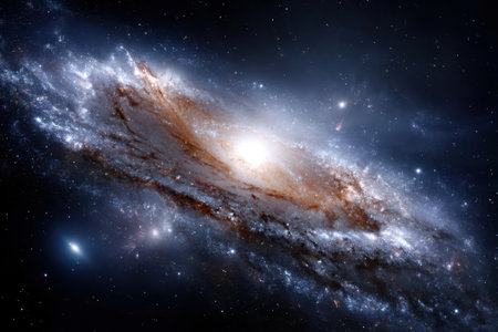 Stunning spiral galaxy with swirling arms, glowing core, and scattered stars against a dark cosmic backdrop.の写真素材