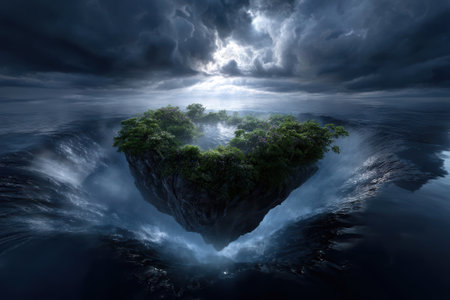 A surreal floating island appears above crashing waves, shrouded in dark clouds with sunlight breaking through.の写真素材