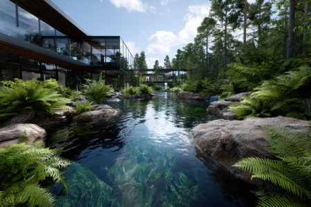 Beautiful modern structure nestled in a serene landscape featuring clear water, rocks, and abundant greenery.の写真素材