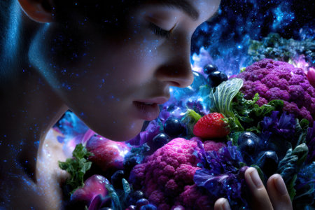 A woman gently holds various colorful fruits and vegetables while surrounded by a mystical space setting.の写真素材