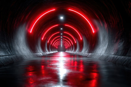 A long, dark tunnel features vivid red neon lighting along its arches, creating an eerie atmosphere.の写真素材