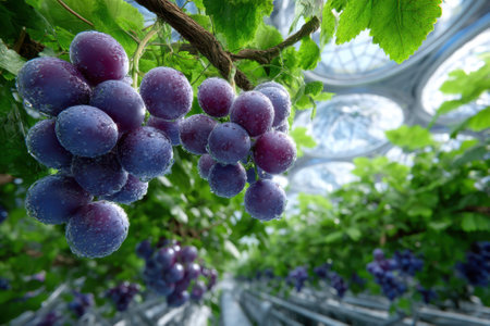 Clusters of ripe purple grapes glisten with droplets in a spacious greenhouse filled with lush greenery.の写真素材