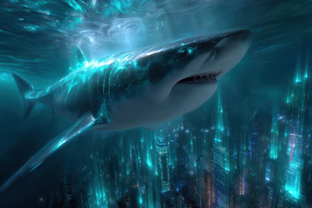 A large shark glides gracefully through an enchanting underwater city, illuminated by colorful lights.の写真素材