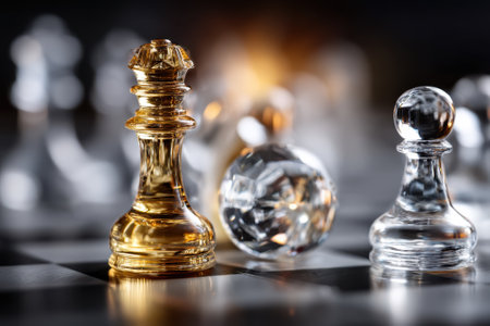 A close-up view of a chess setup featuring a golden king piece and a crystal pawn, emphasizing the game's strategy.の写真素材