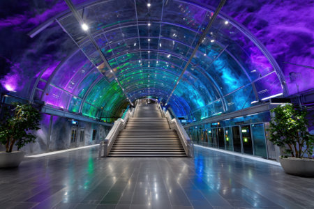 A vibrant underground walkway features a stairway surrounded by colorful lights and greenery.の写真素材