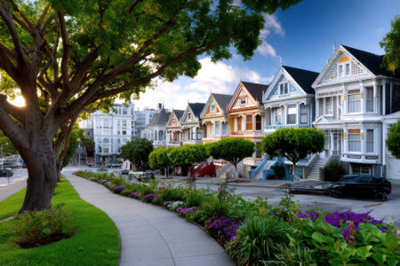 Beautiful row of Victorian houses in San Francisco set against a bright sky and lush greenery.の写真素材