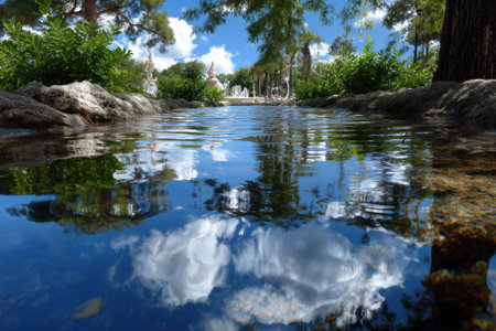 Calm water mirrors clouds and trees in a peaceful park, creating a serene atmosphere on a sunny day.の写真素材
