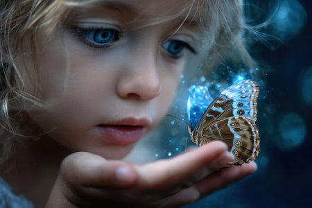 A young child gazes in wonder as a butterfly rests gently on her hand in a mystical forest at dusk.の写真素材