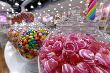 Brightly lit shop filled with vibrant candy jars showing an assortment of colorful sweets and lollipops.の写真素材