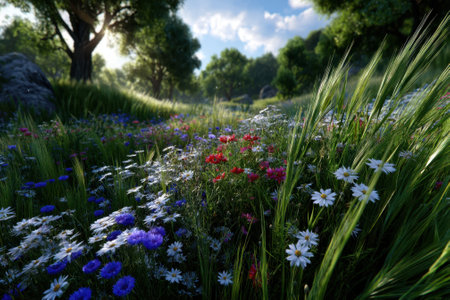 Colorful wildflowers bloom in a sunny meadow, surrounded by lush green grass and trees.の写真素材