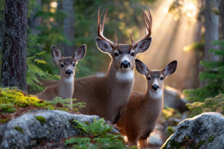 Three deer stand together among rocks and ferns, basking in soft morning sunlight in a lush forest.の写真素材