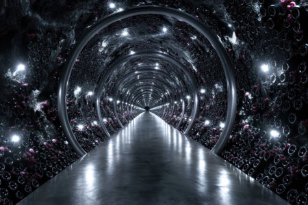 A mesmerizing tunnel showcases glowing lights and complex patterns, creating a surreal atmosphere of exploration.の写真素材