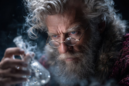 An alchemist, with wild gray hair and glasses, examines a potion in a laboratory filled with smoke.の写真素材