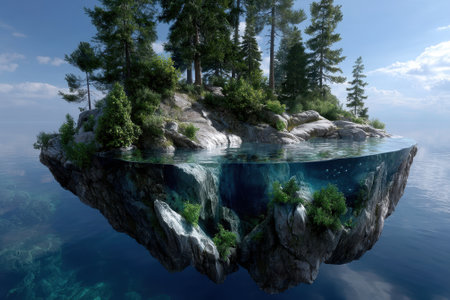 A stunning floating island showcases vibrant trees and rocky cliffs above crystal clear water, surrounded by ocean.の写真素材