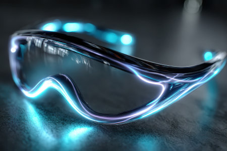 Glasses with a sleek design and glowing edges rest on a dark, textured surface, showcasing modern aesthetics.の写真素材