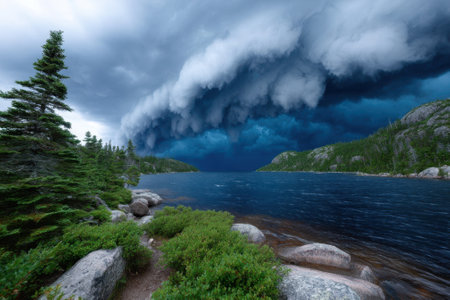 Dark storm clouds loom ominously above a calm lake, creating a dramatic contrast with the surrounding forest.の写真素材