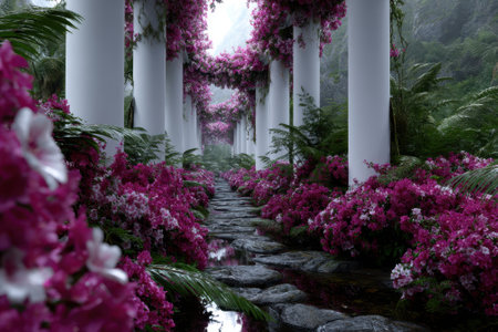 A beautiful pathway lined with blooming flowers leads through elegant columns in a serene garden setting.の写真素材
